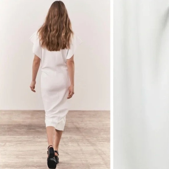 Zara Scuba Effect Round Neck Ruched Waist White Midi Dress Size M NWT - Picture 3 of 13